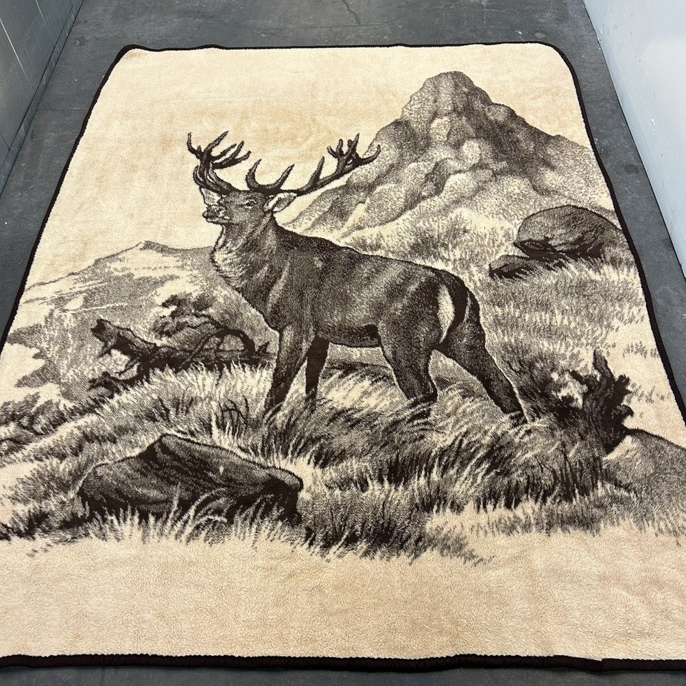 Vintage SAN MARCOS Reversible Blanket Throw Deer Buck Elk Wildlife 72x89